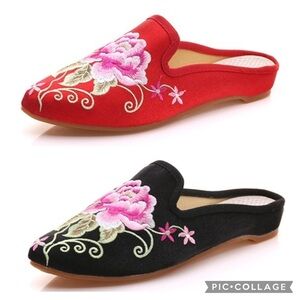 Chinese Red Embroidered Satin Mules – Floral Peony Slip-On Slippers, Size 9